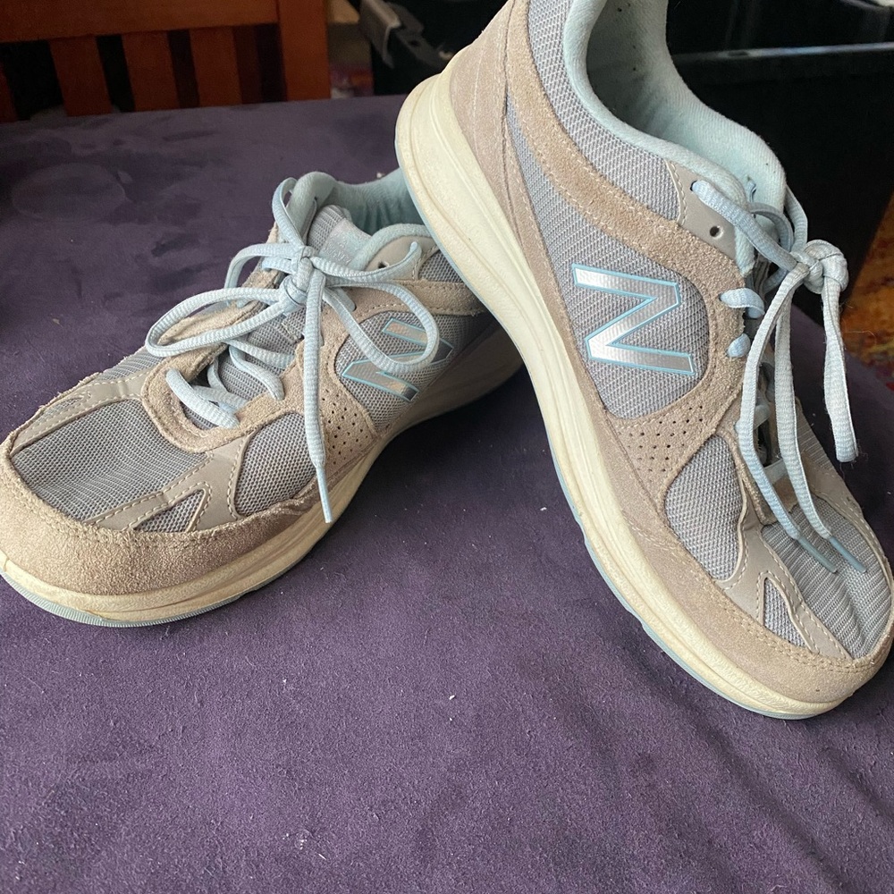 New Balance Gray, Tan and light blue Sneakers